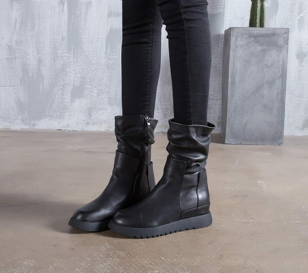 Короткие настоящие боковые толстые удобные для ходьбы [ZUYEE] Женские ботинки, кожа, молния, подошва, скрытый каблук, внутри, повседневные, черные, 23.5см
