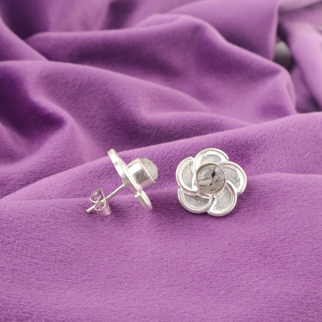 Round Black Rutile Stone Sterling Silver Butterfly Wedding Stud Earrings Jewelry EE-157-32