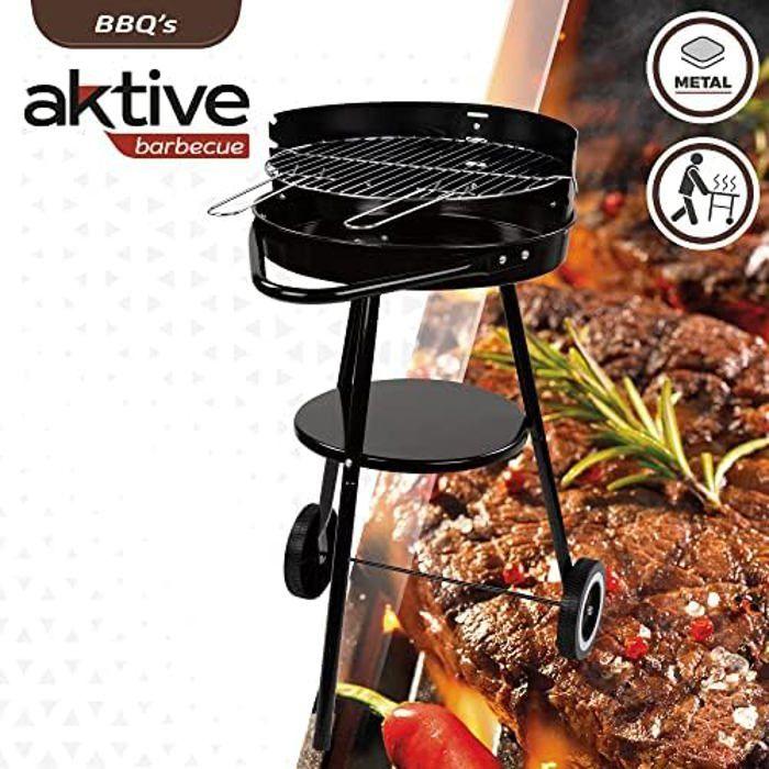 Barbecue Portable - AKTIVE - Modèle Noir - 42 Cm Diamètre - Grille Réglable - Transport Facile
