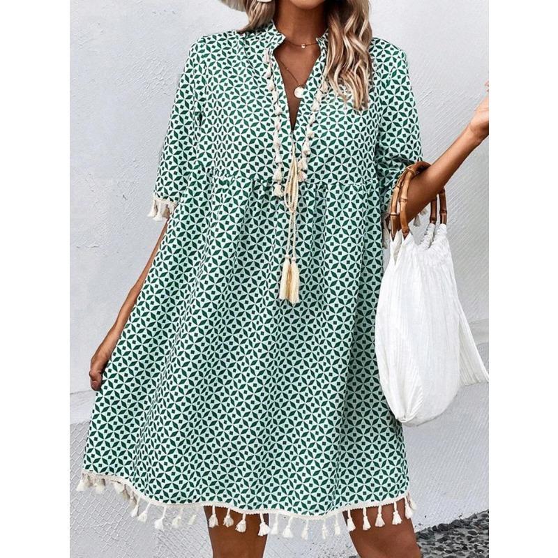 Women's Summer New Printed V Neck Fringe Five Quarter Sleeve Dress