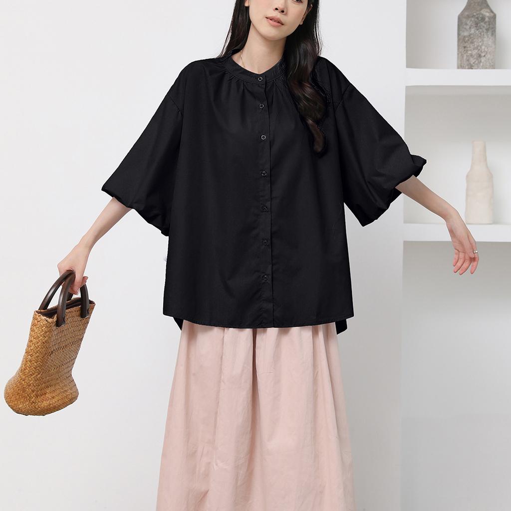 Japanese Short-sleeved Shirt for Women In Summer New Versatile Lazy Loose Puff Sleeve Solid Color Shirt