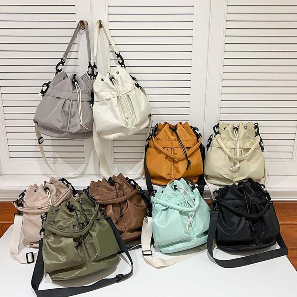 Korean Style Drawstring Fitness Bag Solid Color Bucket Bag Swimming Nylon Crossbody Bag Women