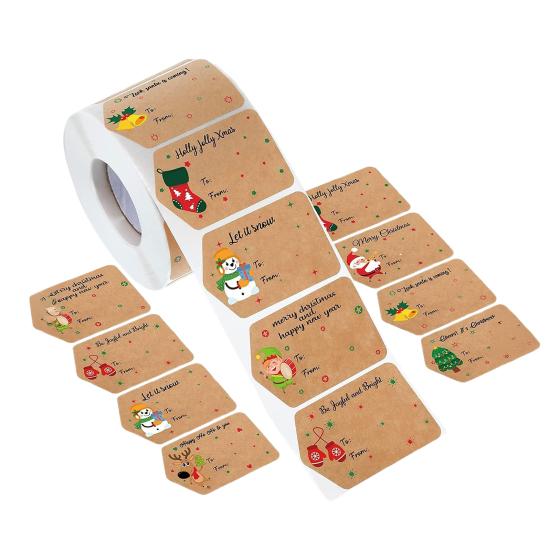 500 шт./рулон Рождественские подарочные бирки Мультяшный Санта Снеговик Олень Елка Кому и от Именные бирки Сделай сам Коробка для подарка Поздравительная открытка Конверт Самоклеящаяся этикетка