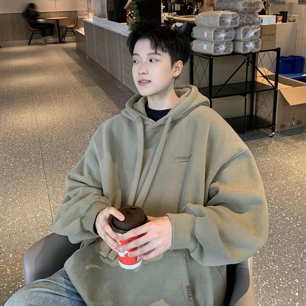 Huamian Men's Heavyweight Hooded Sweatshirt - New Autumn/Winter, Velvet Lined, Trendy American Style, Loose Fit