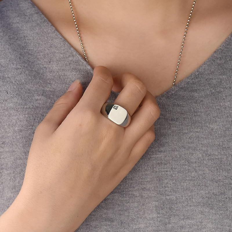 personalized men's cubic zirconia CZ accent sculpture monogram initial statement square signet ring silver tone stainless steel