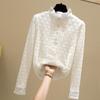 Women's Fleece-Lined Lace Top with Stand-Up Collar - Autumn/Winter Embroidered Mesh Long Sleeve Slim Fit Shirt