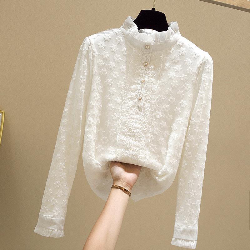 Women's Fleece-Lined Lace Top with Stand-Up Collar - Autumn/Winter Embroidered Mesh Long Sleeve Slim Fit Shirt