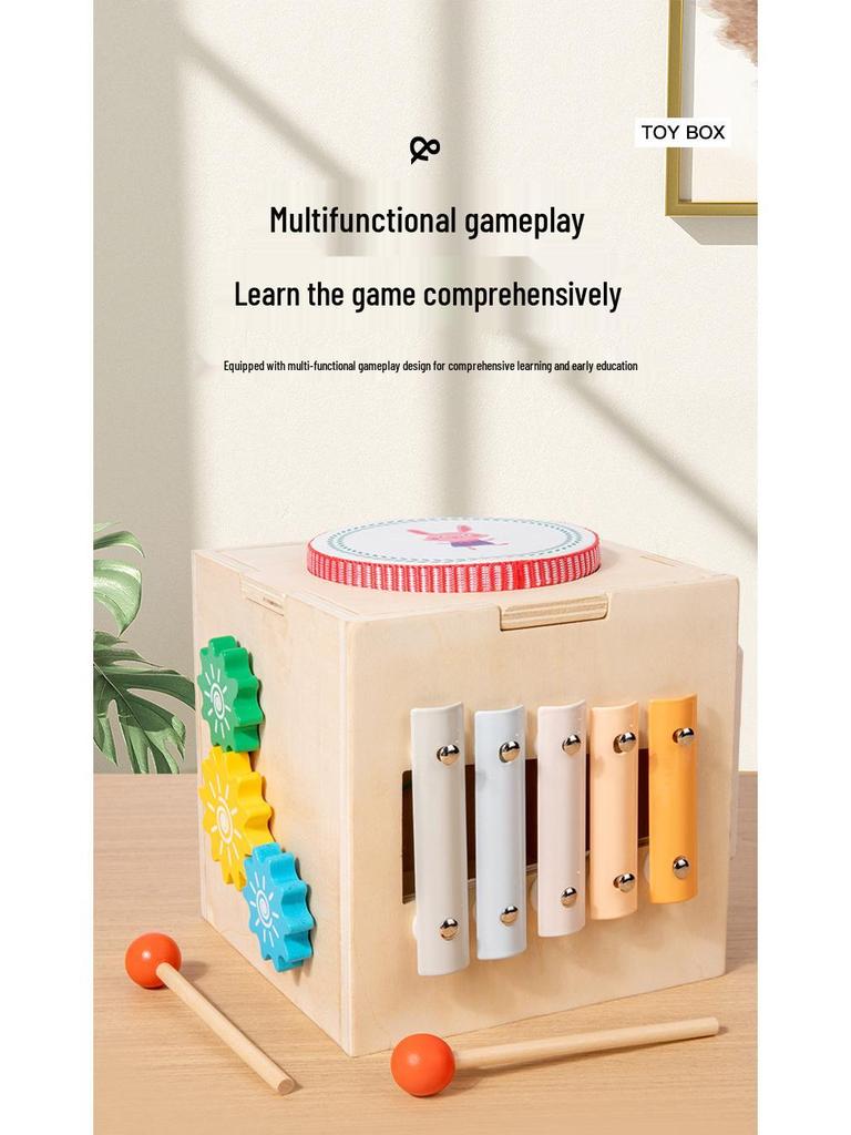Деревянная многофункциональная музыкальная шкатулка: Развивающая игрушка для раннего детства (0-3 года) с перкуссионным барабаном