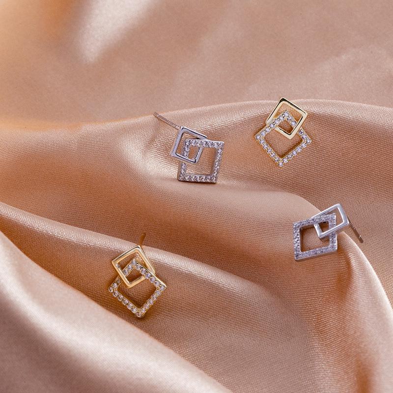 Banyan Tree S925 Silver Geometric Square Zircon Earrings for Women – Simple, Small, and Versatile.