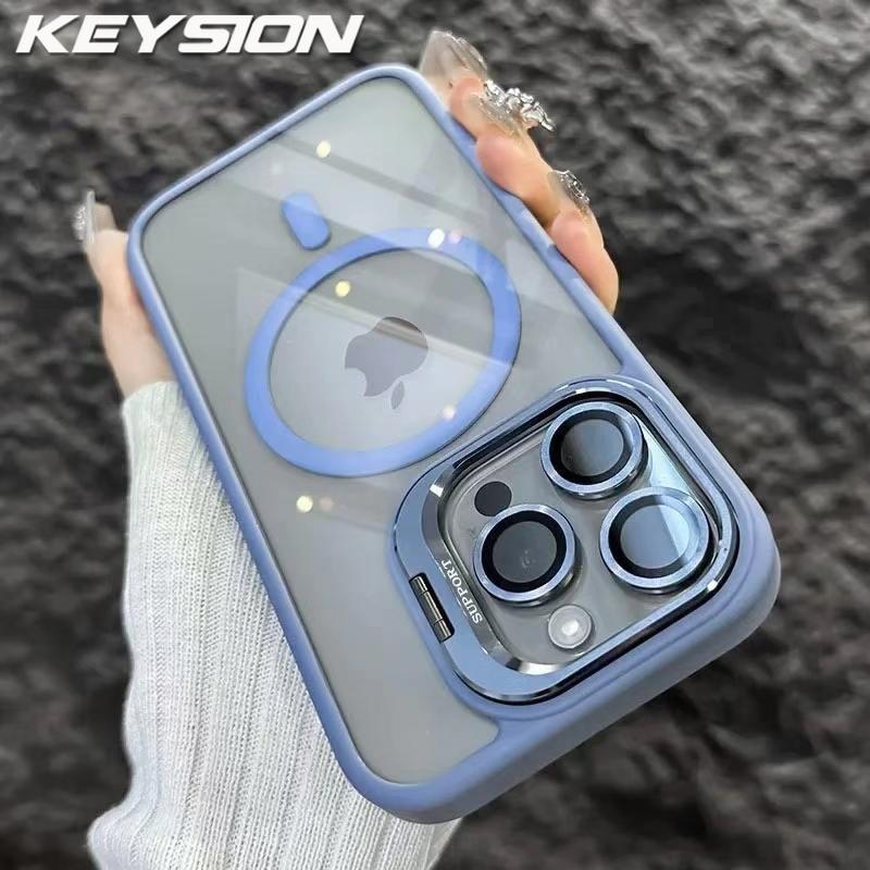 KEYSION Magnetic Transparent Phone Case for MagSafe for iPhone 15 16 Pro Max 16 Plus 16e Lens Protector Metal Stand Shockproof Cover