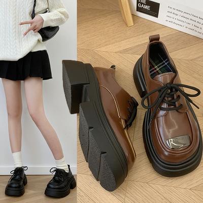 Весенние туфли-лоферы женские повседневные туфли с круглым носком на шнуровке толстые с толстой подошвой маффин маленькие кожаные туфли модные женские летние дышащие туфли