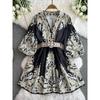 Autumn Clothing New Arrival French Retro Print Single-Breasted V-neck Lantern Sleeve Waist Mid Length Long Length Small Size Dress Tide