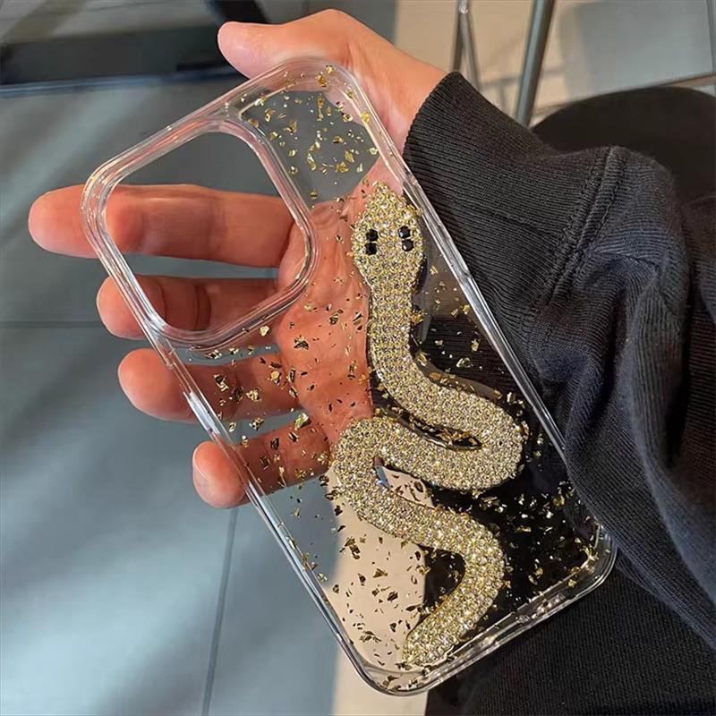 Капельный клей Прозрачный 3D-чехол с блестками из золотой фольги в виде змеи для iPhone 16, 15, 14 Plus, 13, 12, 11 Pro Max, блестящий чехол со стразами
