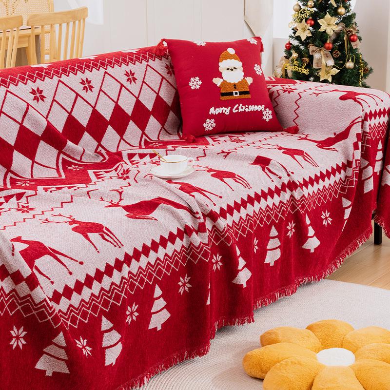 Рождественский красный чехол для дивана с кисточкой, диванное полотенце, можно стирать в машине, праздничная тема, чехол для дивана с красной решеткой для декора гостиной