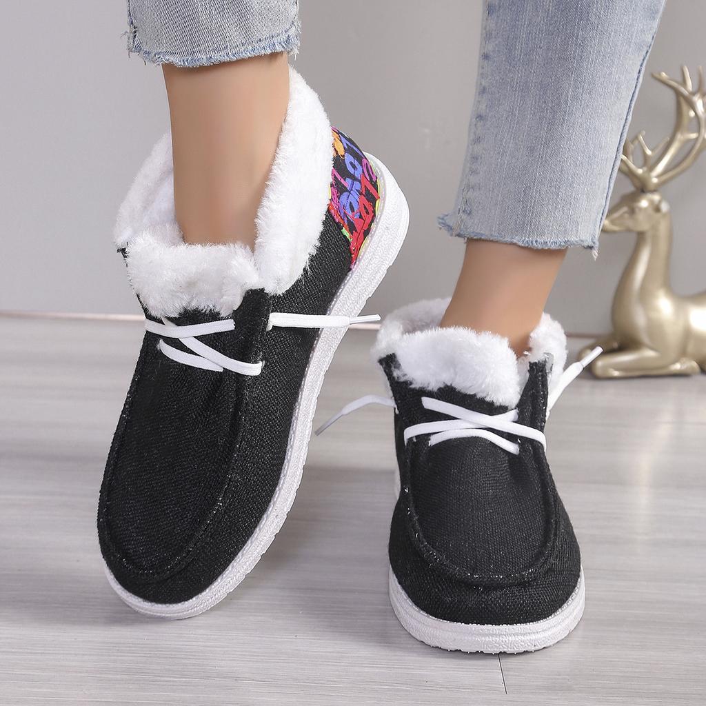Retro Comfortable Women Plush Lined Snow Boots Sunflower Shoes Print Cozy Slip On Shoes Fuzzy Canvas Shoes Thermal Ankle Boots