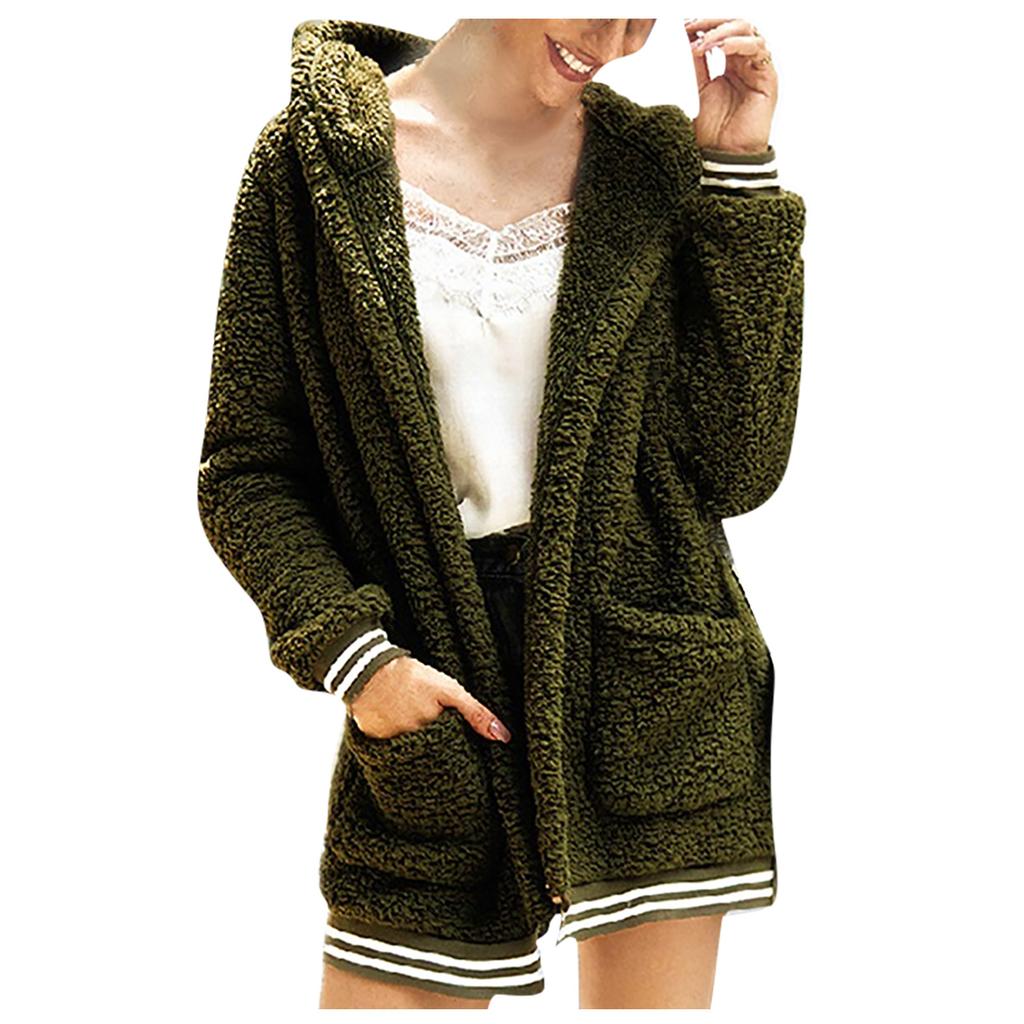 Women's And Winter Loose Solid Color Stitching Long-Sleeved Pockets Plush Hooded Cardigan Coat