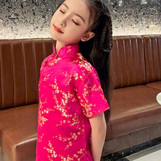 Платье Cheongsam для девочек, маленькое зимнее платье с цветочным рисунком и короткими рукавами, воротник-стойка на молнии, винтажное детское длинное платье миди Ципао в китайском стиле на Новый год, принцесса
