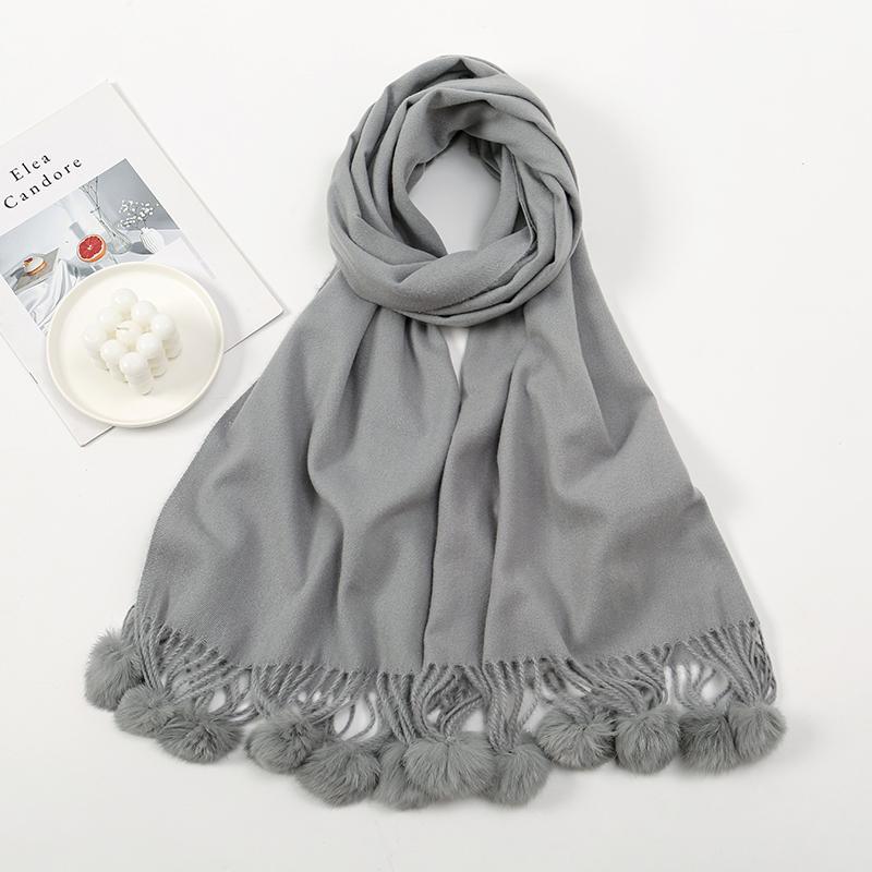 Women Warm Scarf With Rabbit Fur Ball Pashmina Thick Scarves Shawls Winter Cashmere Pompom Scarf Ladies Oversize Blanket Wrap