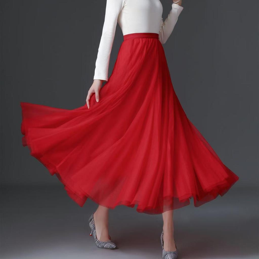 Women's 720° High Waist Pleated A-line Skirt - Mid-length, Mesh, Versatile for Dance or Casual Wear