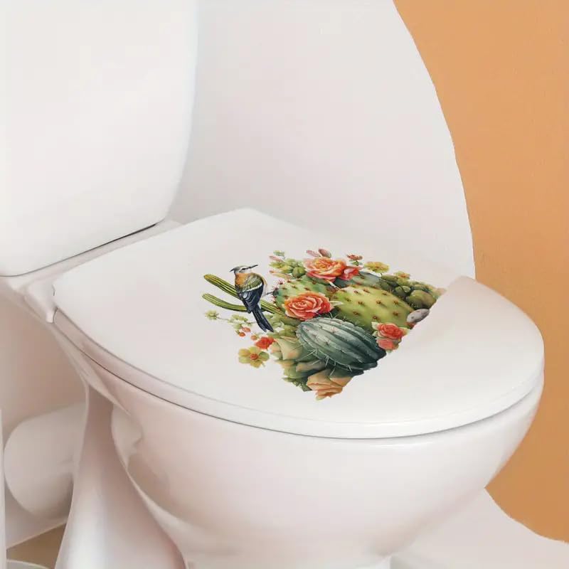 Tropical Cactus Bird Toilet Cover Sticker Decals,Fish Bird Flower Leaf Waterproof Toilet Lid Tank Seat Decals Cistern Self-Adhesive Bathroom Wall