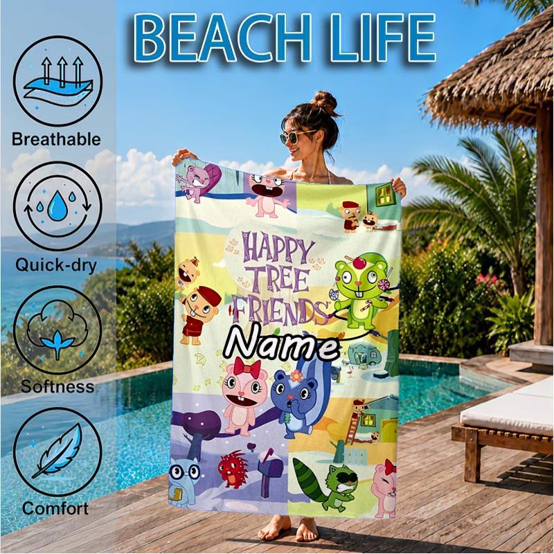 Custom Name Happy Tree Celebration Heart In Space Adventure Microfiber Beach Towel, Lightweight for Summer Travel, Swimming Pool Fan Gift