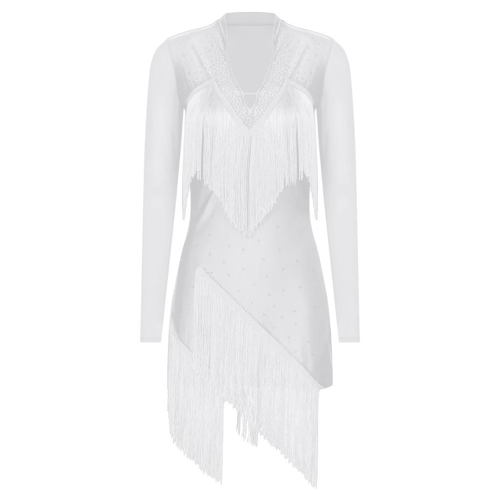 Женское платье для латинских танцев с V-образным вырезом и длинным рукавом, блестящая бахрома из страз, костюм для выступлений в стиле танго, румба, ча-ча-ча