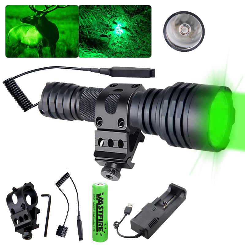 Мощный 500-ярдовый профессиональный охотничий фонарь C8s Green Red с 1 режимом работы, перезаряжаемый через USB-порт + переключатель + крепление + 18650 + зарядное устройство