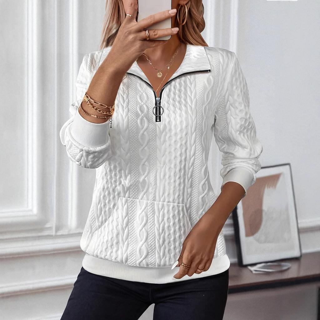 Women's Fashion Long Sleeve Solid Color Casual Collared Zipper Long Sleeve Pocket Sweatshirt