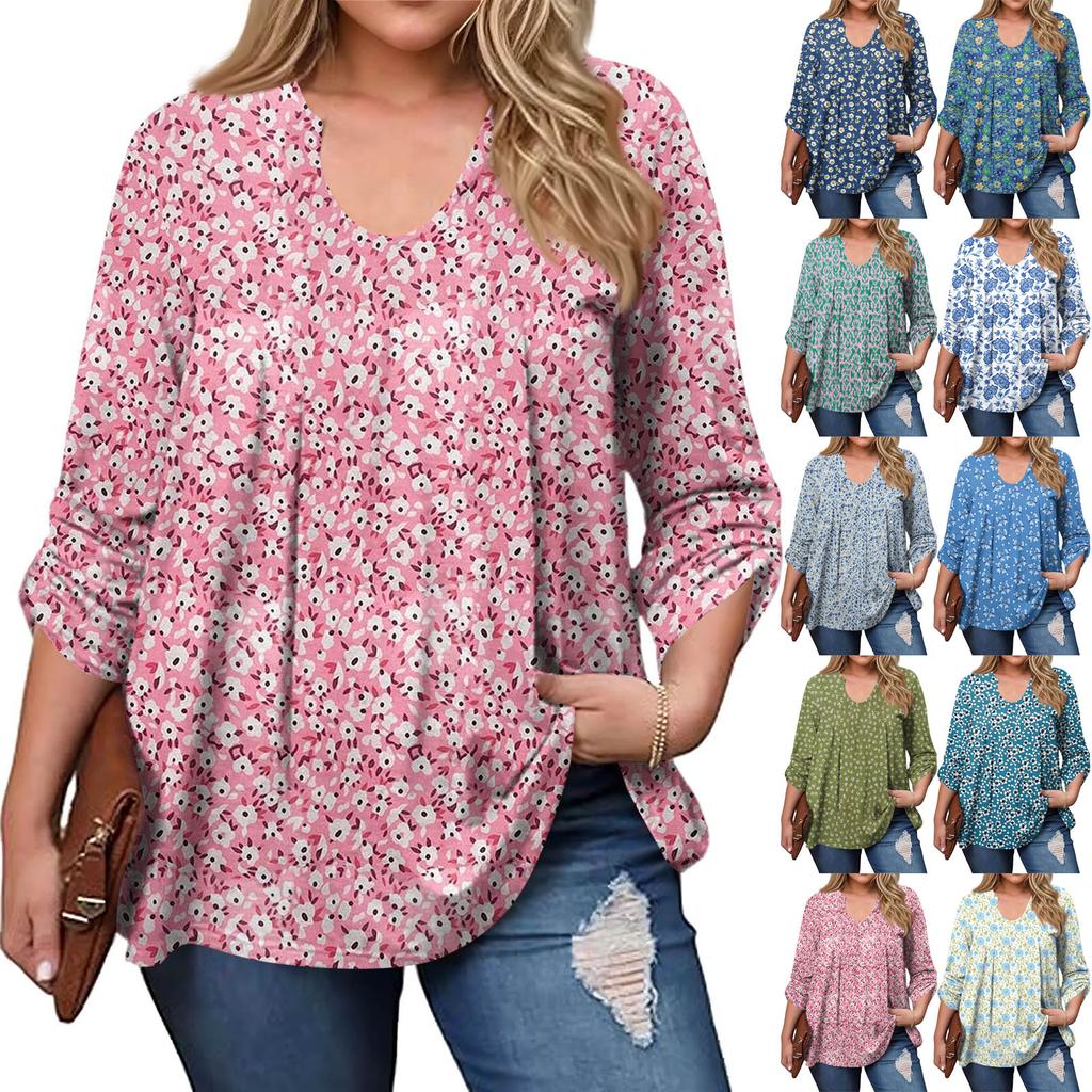 Women's Plus Size Fashion Printed Casual Pleated Round Neck Long Sleeve Top