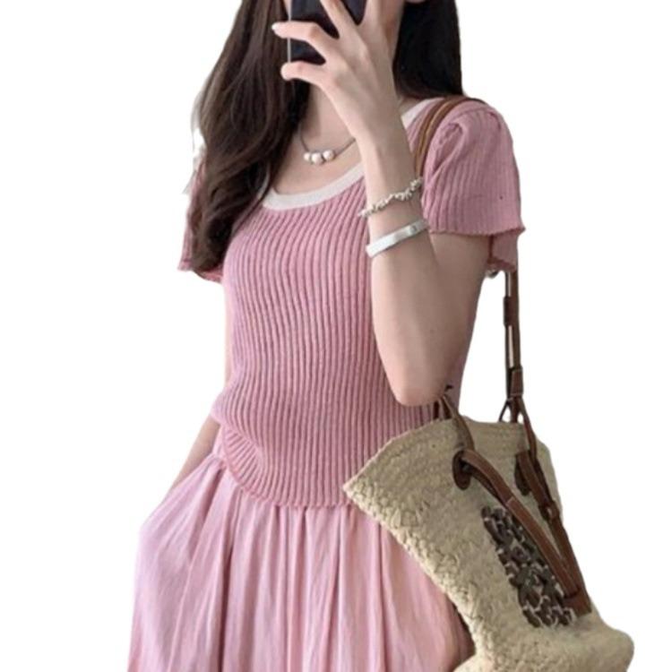 Модная трикотажная футболка с коротким рукавом, разноцветная, женская, летняя, с круглым вырезом, узкая, короткая, уникальная, шикарная, маленькая, топы, повседневные, облегающие, пуловеры, футболки