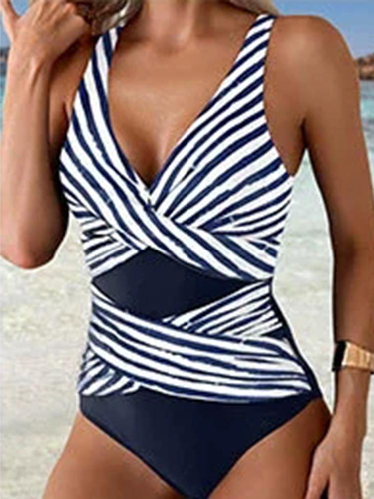Купальник Женский V-образный вырез Купальный костюм Сращенный Полосатый Модный Цельный Боди Купальный костюм Летняя Мода Купание Бикини
