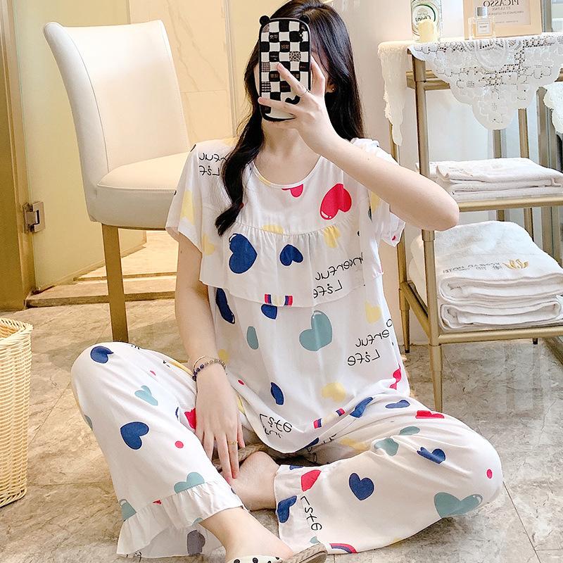 1011 new cotton and silk pajamas women's summer thin short-sleeved trousers set loose Korean version fresh and anti-bumping home