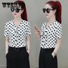 Шифоновая рубашка в горошек, женская рубашка с коротким рукавом и свободным верхом, рубашка на животе, черно-белая темпераментная элегантная офисная женская летняя рубашка