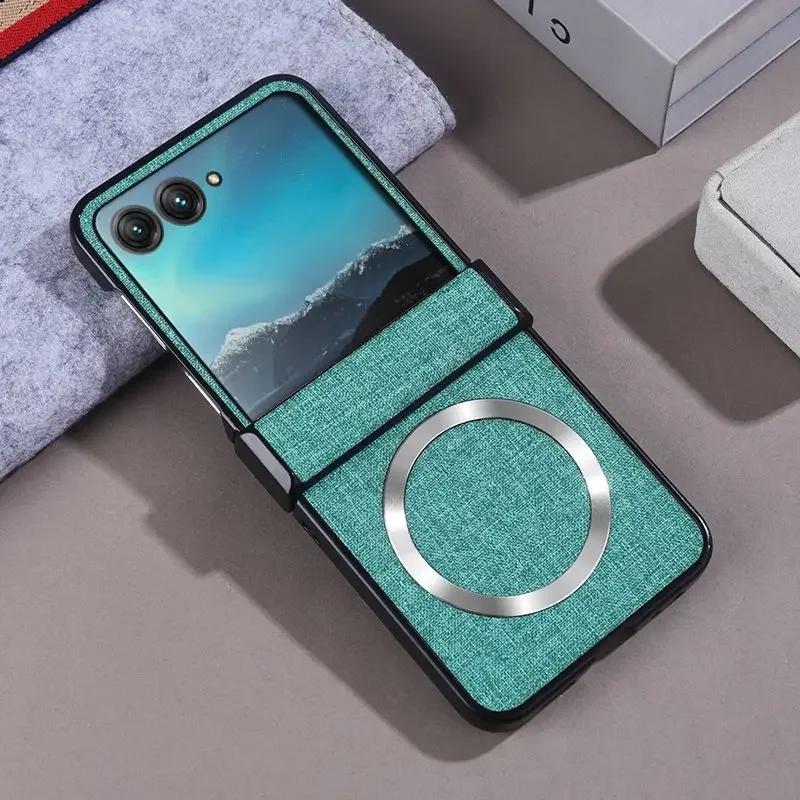 Роскошный магнитный чехол-шарнир для беспроводной зарядки Magsafe для Motorola Moto Razr 60 50 Ultra 25, тканевая текстура, жесткий противоударный чехол