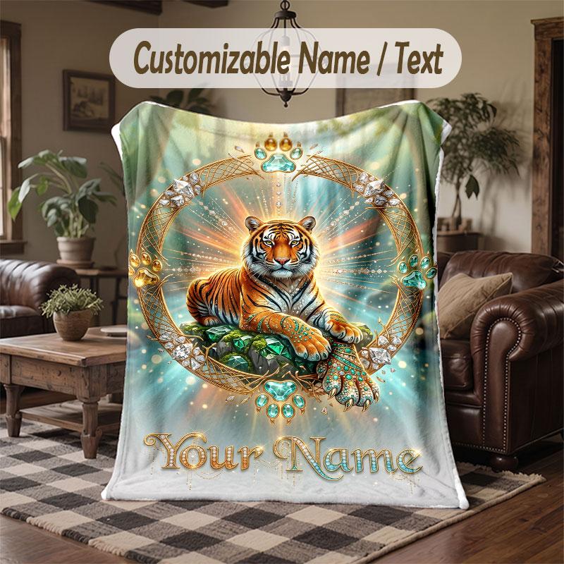 Lion Tiger Leopard Theme Throw Blanket Custom Name Text Personalized Blanket Soft Cozy Blanket for Home Sofa Bed