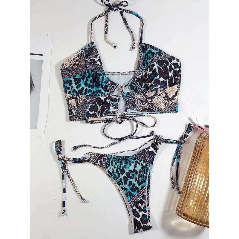 Сексуальный бикини с высоким вырезом и леопардовым принтом, женский купальник-стринги, женский купальник, комплект из двух частей, купальный костюм со шнуровкой, купальный костюм для плавания