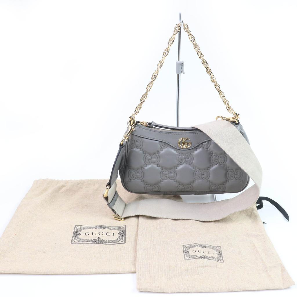 Very Good GUCCI Shoulder Bag GG Matelasse Leather 2-Way Handbag gray leather Used