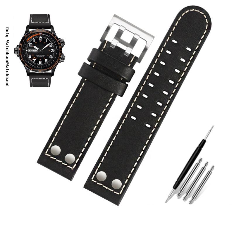 Для ремешка часов Hamilton Khaki Aviation H77616533 H760250 Field Мужской Натуральная кожа Заклепка Браслет для часов 20 мм 22 мм Коричневый