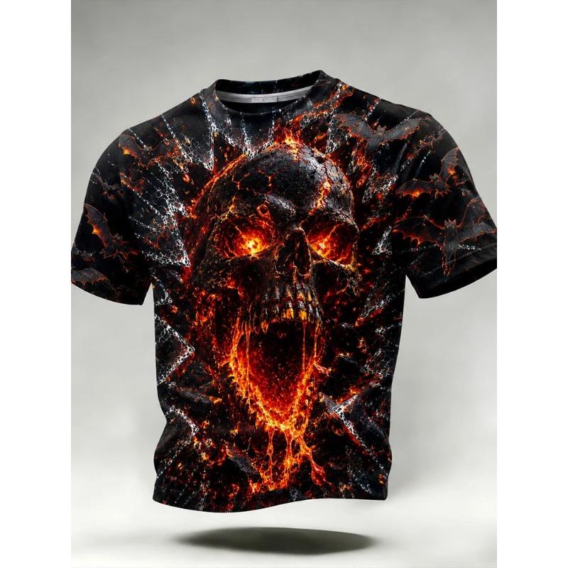 Men's Casual Round-Neck Short-Sleeve T-Shirt Trendy Men's Top with Flame and Skull Print Shirt for Holiday Parties