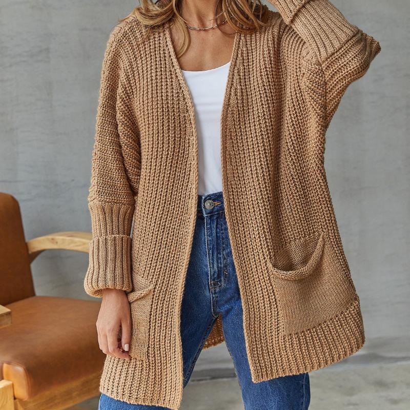 IHUASU Women's Large Size Casual Pocket Knitted Cardigan Sweater Commuter Style Loose Mid-Length Jacket