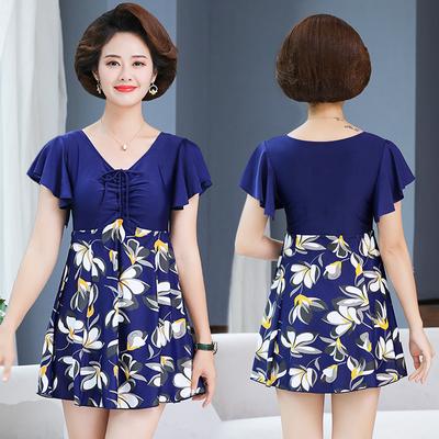 Большой размер, женская мода среднего возраста, скромный купальник из двух частей, купальное платье на шнурке с принтом, шорты для мальчика, комплект купального костюма с воланами на рукавах, купальный костюм