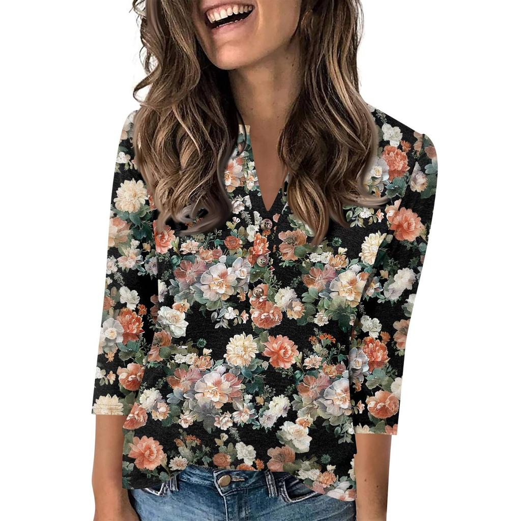 Женский модный повседневный пуловер с рукавом 3/4, принтом на пуговицах и V-образным вырезом