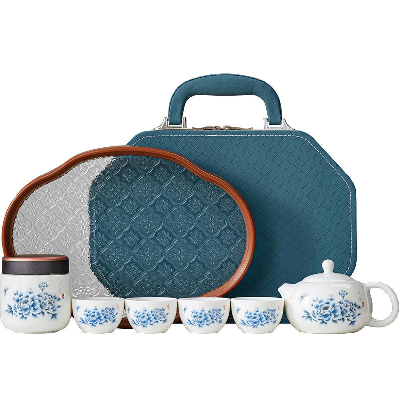 Retro Guochao Suet Jade Tianxiang Peony Travel Tea Set Small Set Portable Kuaike Cup Outdoor Camping Tea Pot