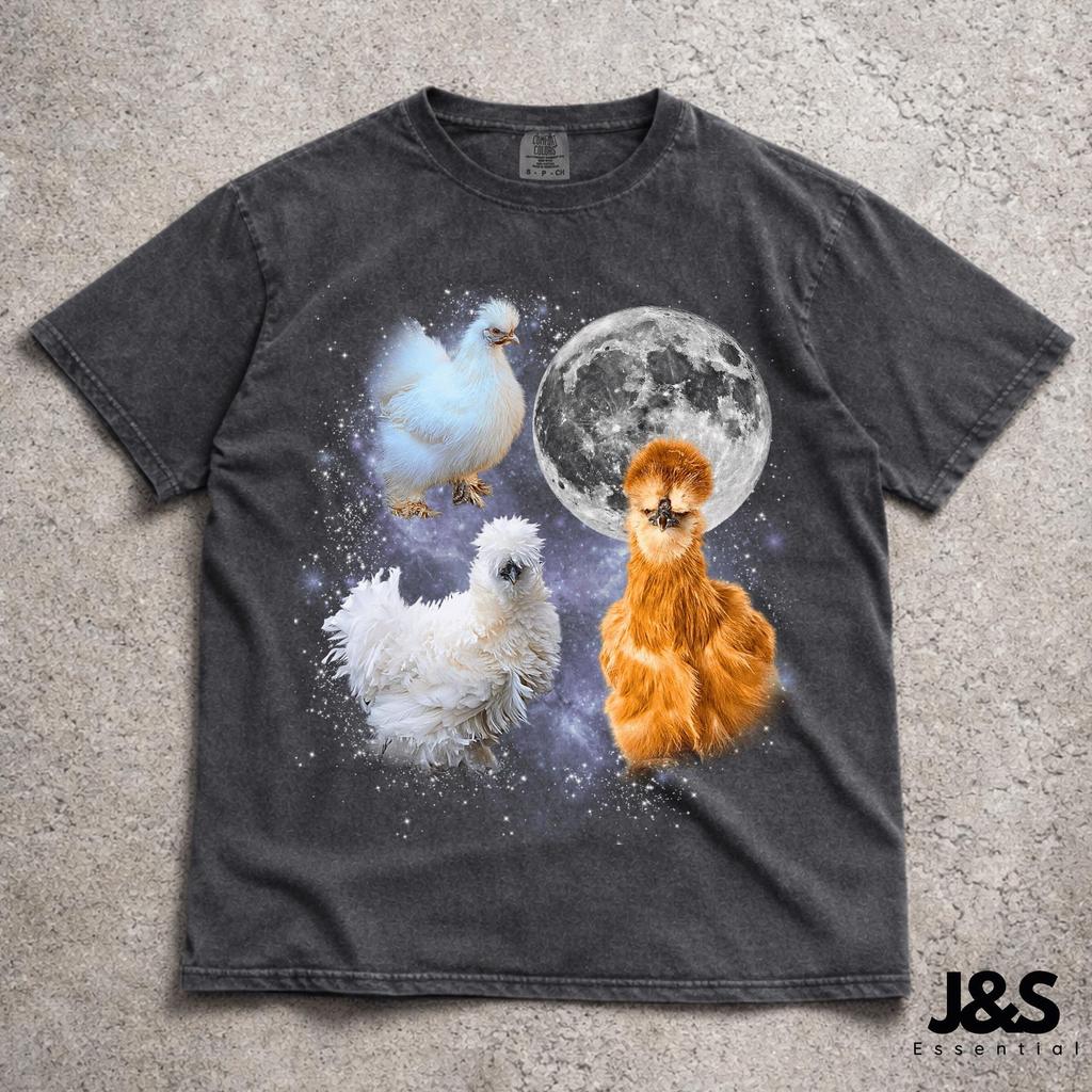 Three Silkie Chicken Retro Graphic T-shirts, Vintage Silkie Chicken Moon Tshirt, Silkie Chicken Shirt, Funny Tee, Oversized Chicken Shirt