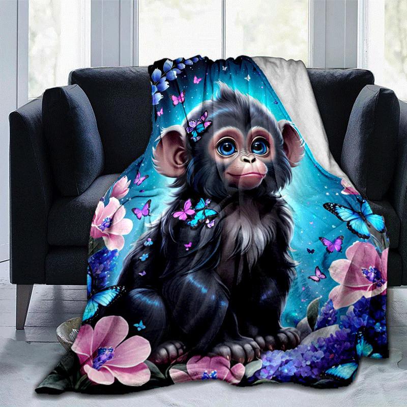 1pc Monkey Printing Lightweight Flannel Blanket, Comfortable and Warm Blanket, for Camping Sofa Bed and Couch Office, Gift