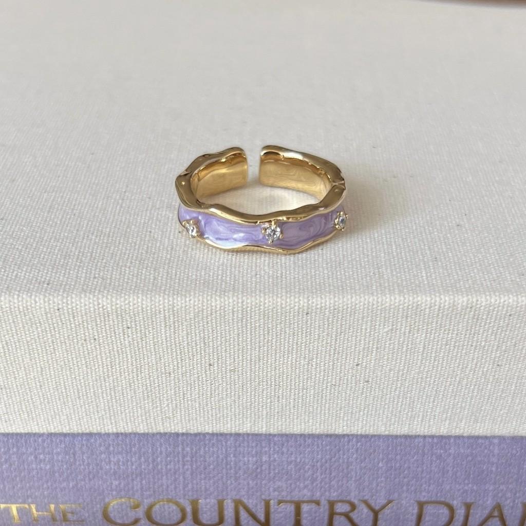 Elegant French Iris Violet Enamel Drop Oil Zircon Ring For Women Fashion Accessory