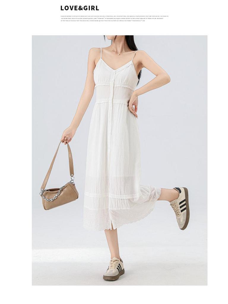 Женское белое летнее платье на подтяжках во французском стиле, новый стиль 2025 года, средней длины, универсальное, простое и элегантное.