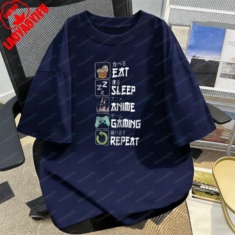 Eat Sleep Anime Gaming Repeat Pattern Funny Tops Anime Otaku Gift Retro Tee Creative Trend Casual Style Camisetas Shirt for Men