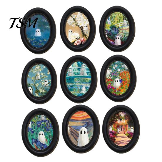 Modern Wall Art Decor Funny Ghost Halloween Art, Vintage Spooky Framed Painting, Small for Studio Cute Oval Home Bedroom Washroom Decoration