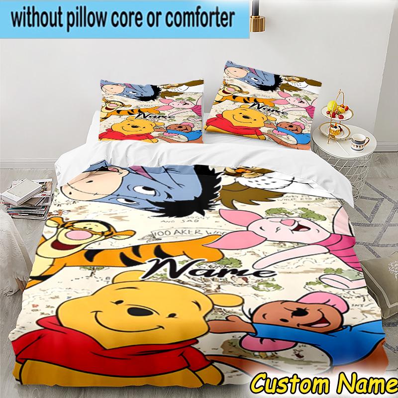 3PCS Custom Name Cartoon Pooh Bedding Set Printed Duvet Cover Closure Includes 1 Duvet Cover & 2 Pillowcases for All Seasons Bedroom Decor
